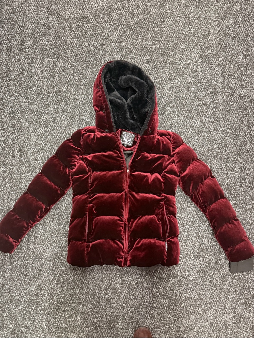 Killstar Burgundy Velvet Puffer Jacket with Faux-Fur Hood